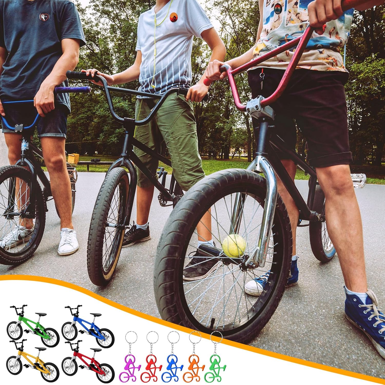 Poen 86 Pcs Bike Party Favor Including 12 Finger Bikes 12 Bike Keychain 12 Button Badges 50 Waterproof Stickers Club Gift Supplies