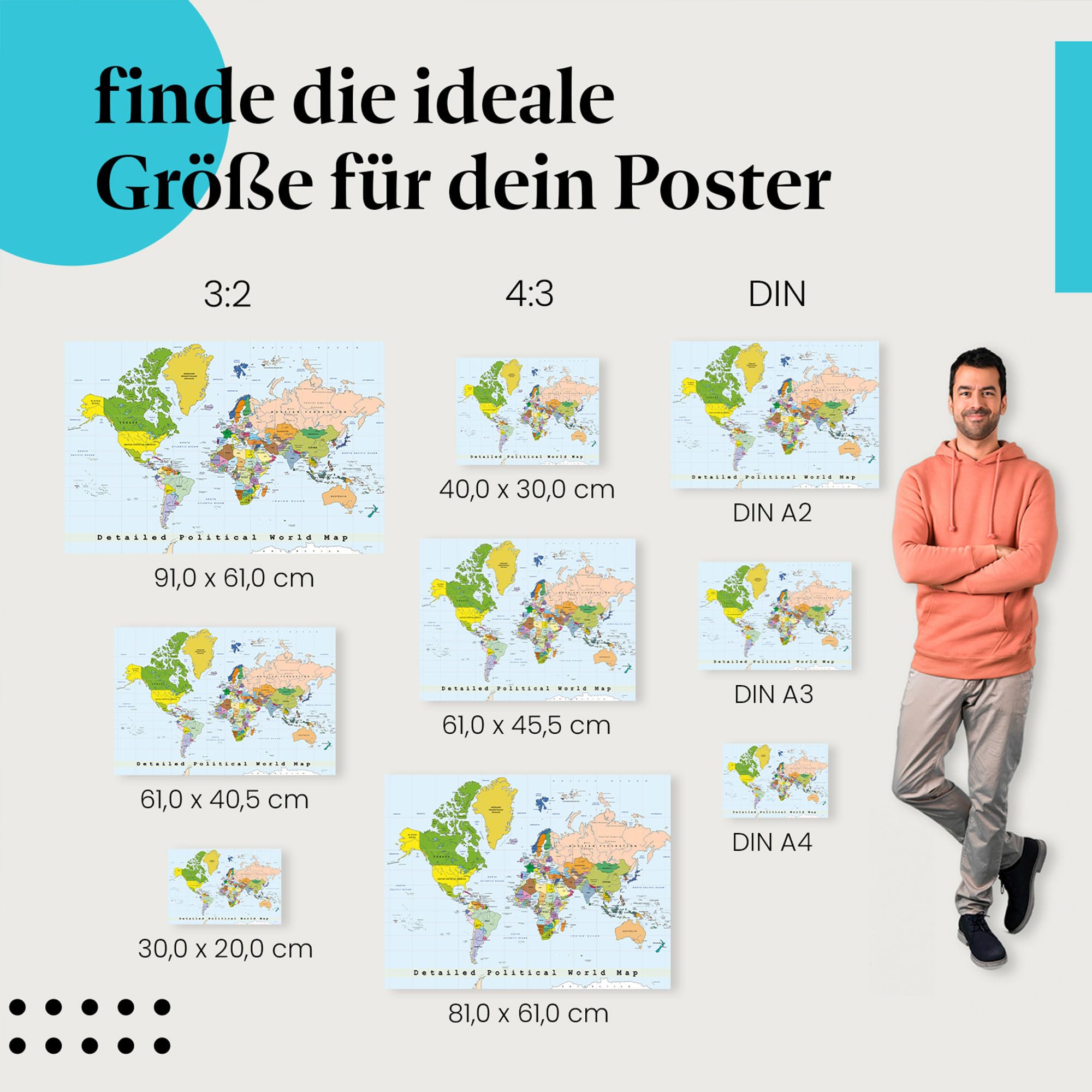 Postereck - 0556 - Detaillierte politische Weltkarte, Hauptstädten - Unterricht Klassenzimmer Schule Wandposter Fotoposter Bilder Wandbild Wandbilder - Leinwand - 75,0 cm x 50,0 cm