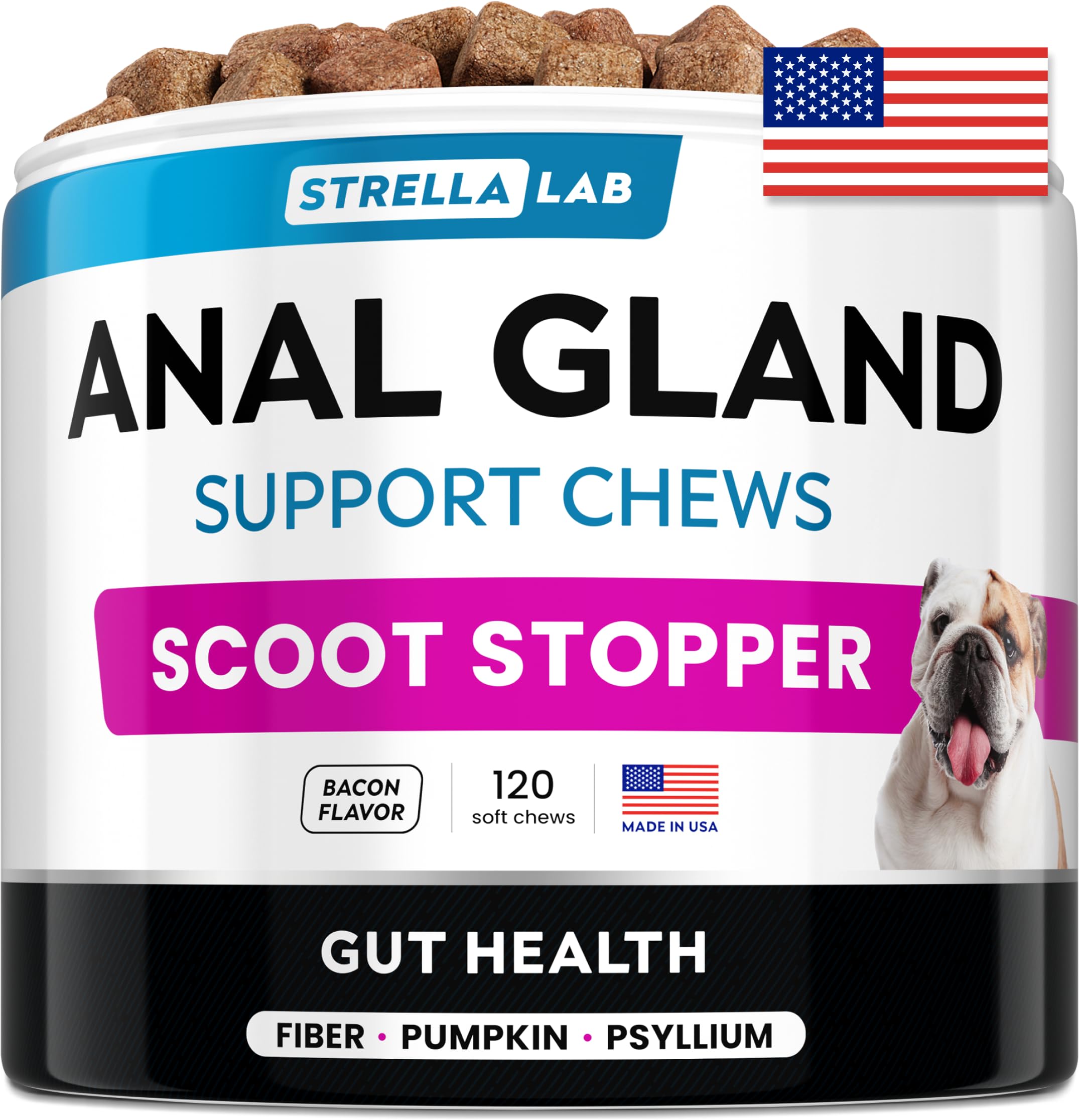 STRELLALAB Gland Support Chews - Scoot Treatment - Digestive Enzymes, Prebiotics & Fiber Supplement for Dogs Digestion & Gut Health. Proprietary Blend of Beet, Psyllium, Dandelion & Pumpkin 120Ct