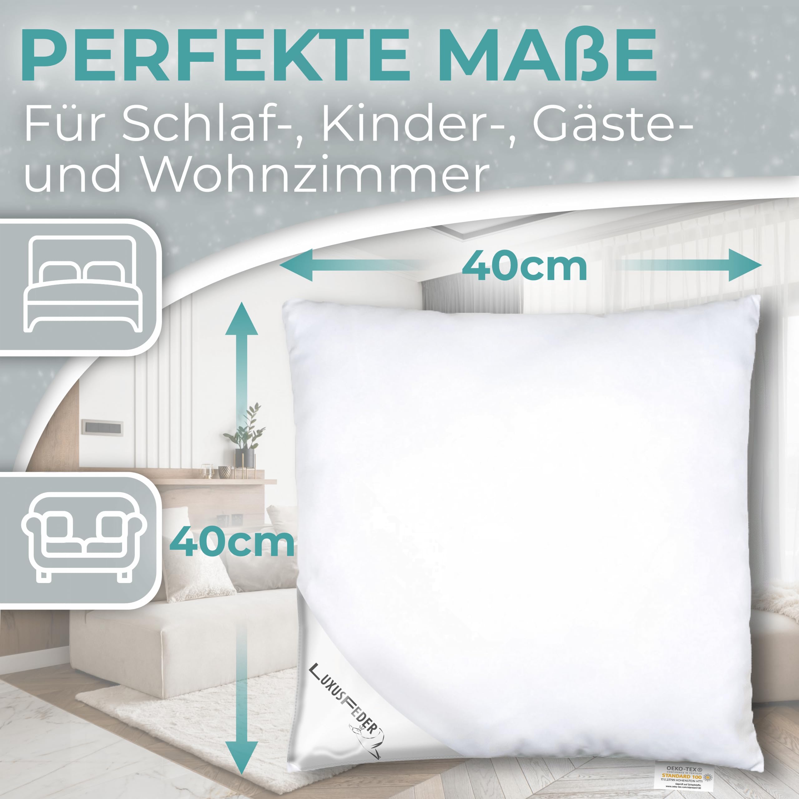 Luxusfeder Daunenkissen 40x40cm - Bezug 100% Baumwolle - Kopfkissen mit Daunenfüllung 200g - Daunen Kissen - Sofakissen, Kissenfüllung, Kisseninlett