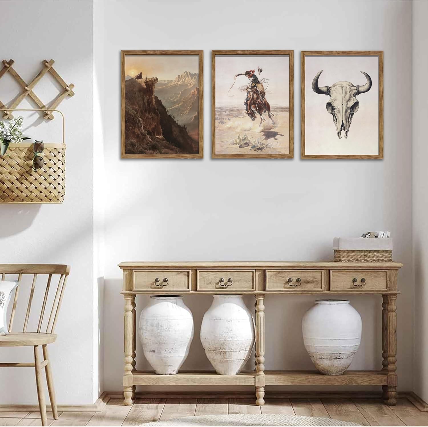 Western Cowboy Wall Art Set of 3, Vintage Southwestern Cowboy Wall Decor Paintings, Western Longhorn Bull Posters Prints Pictures for Bedroom Living Room Farmhouse Decor 12x16 Inch Wood Framed