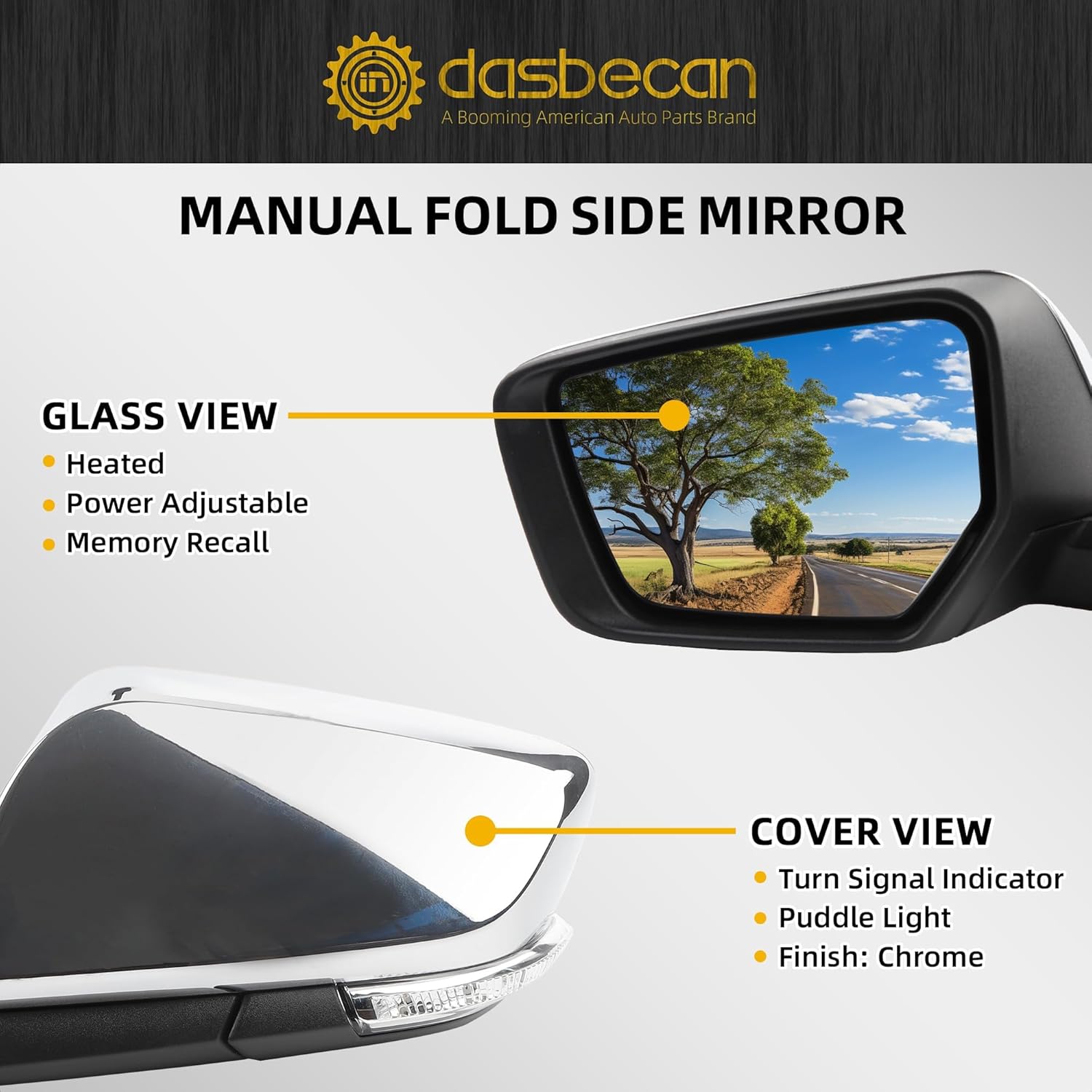 Dasbecan Left Driver Side Mirror Compatible with Chevy Impala 2014-2020 Manual Folding Power Glass Heated with Turn Signal Puddle Light Memory Replaces 22936937PFM Chrome 12Pins