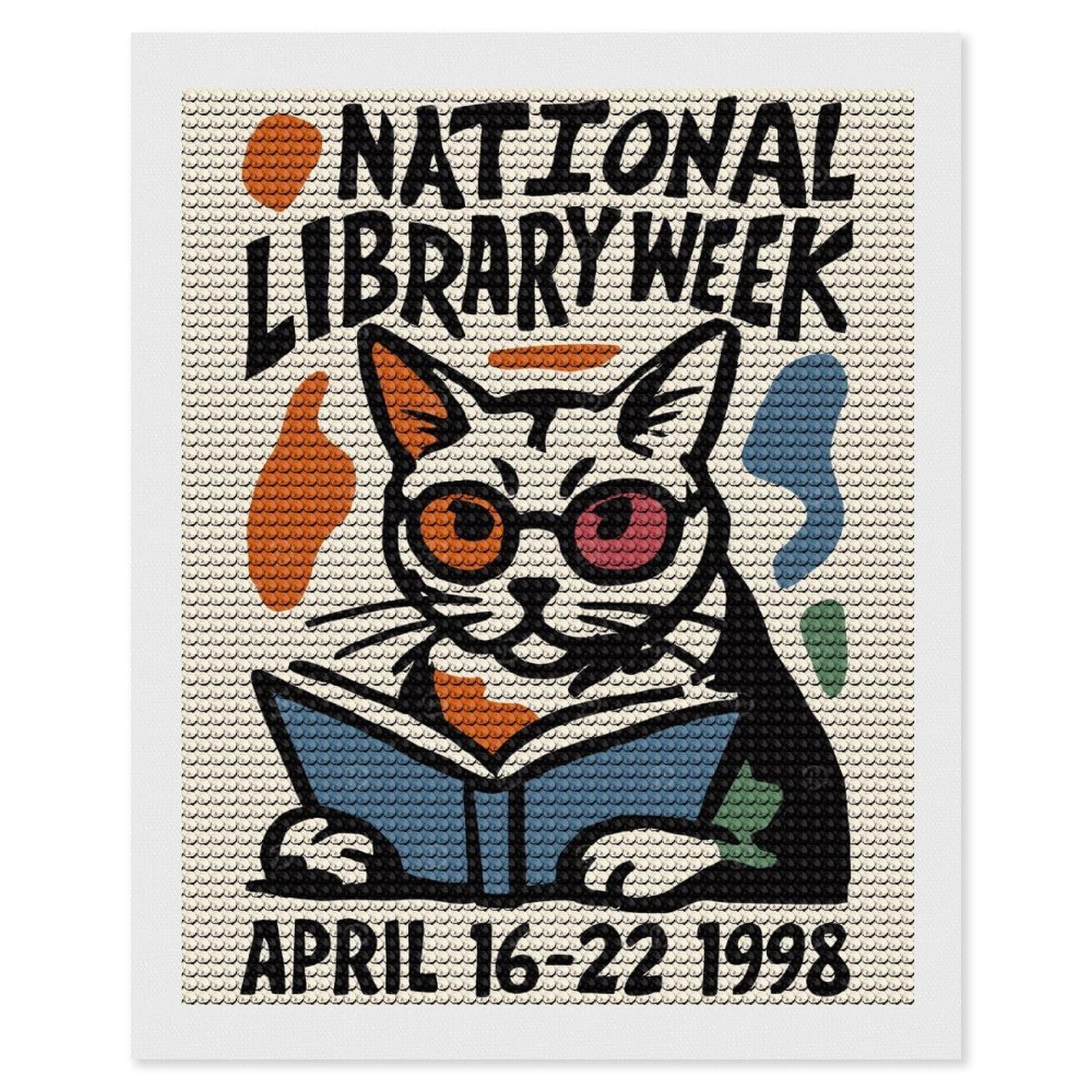 Junmoney National Library Week Cat Diamond Painting Canvas Set 16"x20", for Women, Pleasing Wall Art Project, Aesthetic Room Decor, Gift Idea