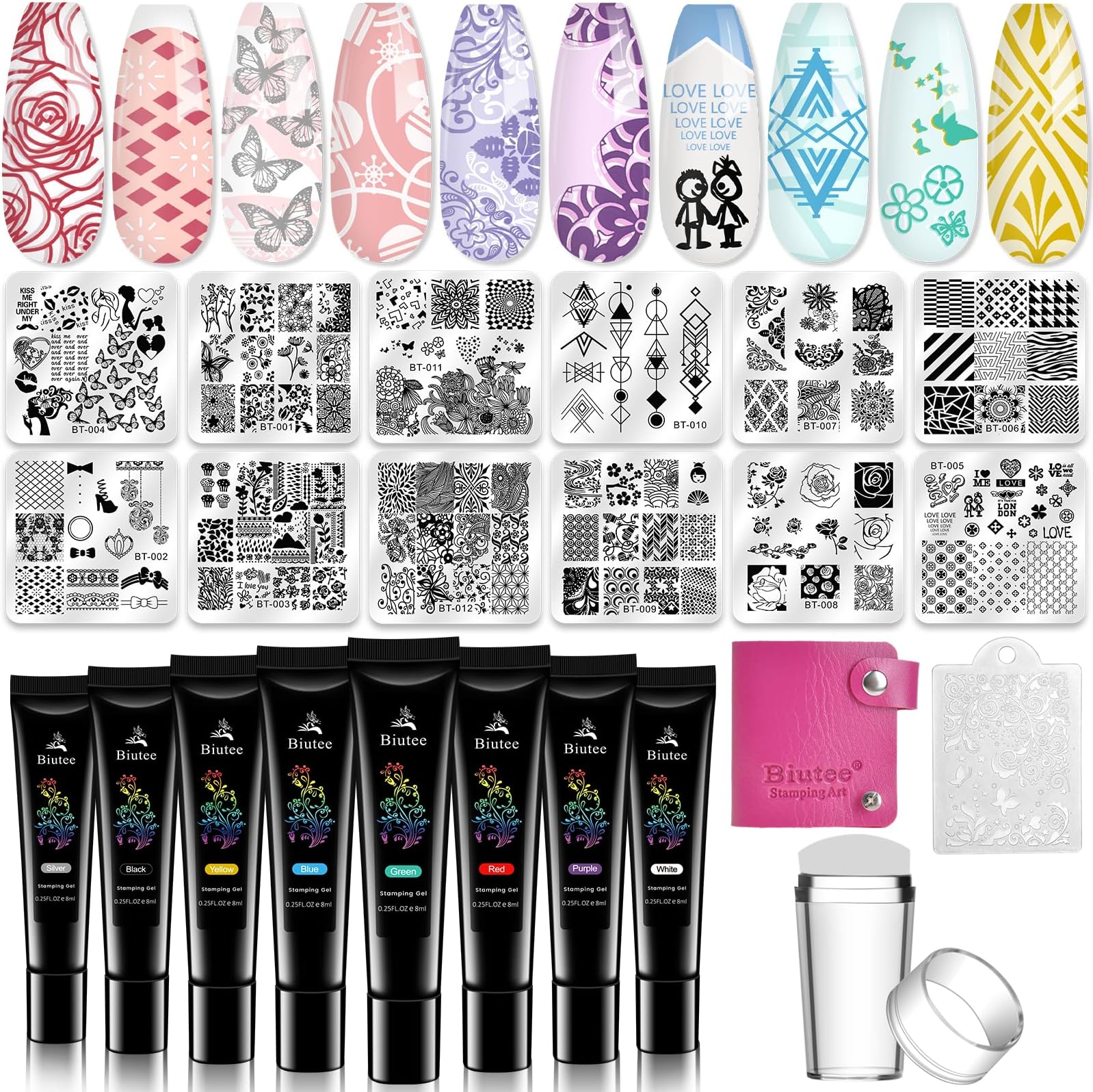 Nail Stamper Kit 12Pcs Nail Stamping Plate 8Pcs Stamping Gel Polish Nail Stamping Kit with Silicone Stamper Scraper Storage Bag Lace Plaid Stamp Template Holiday Gift for Women