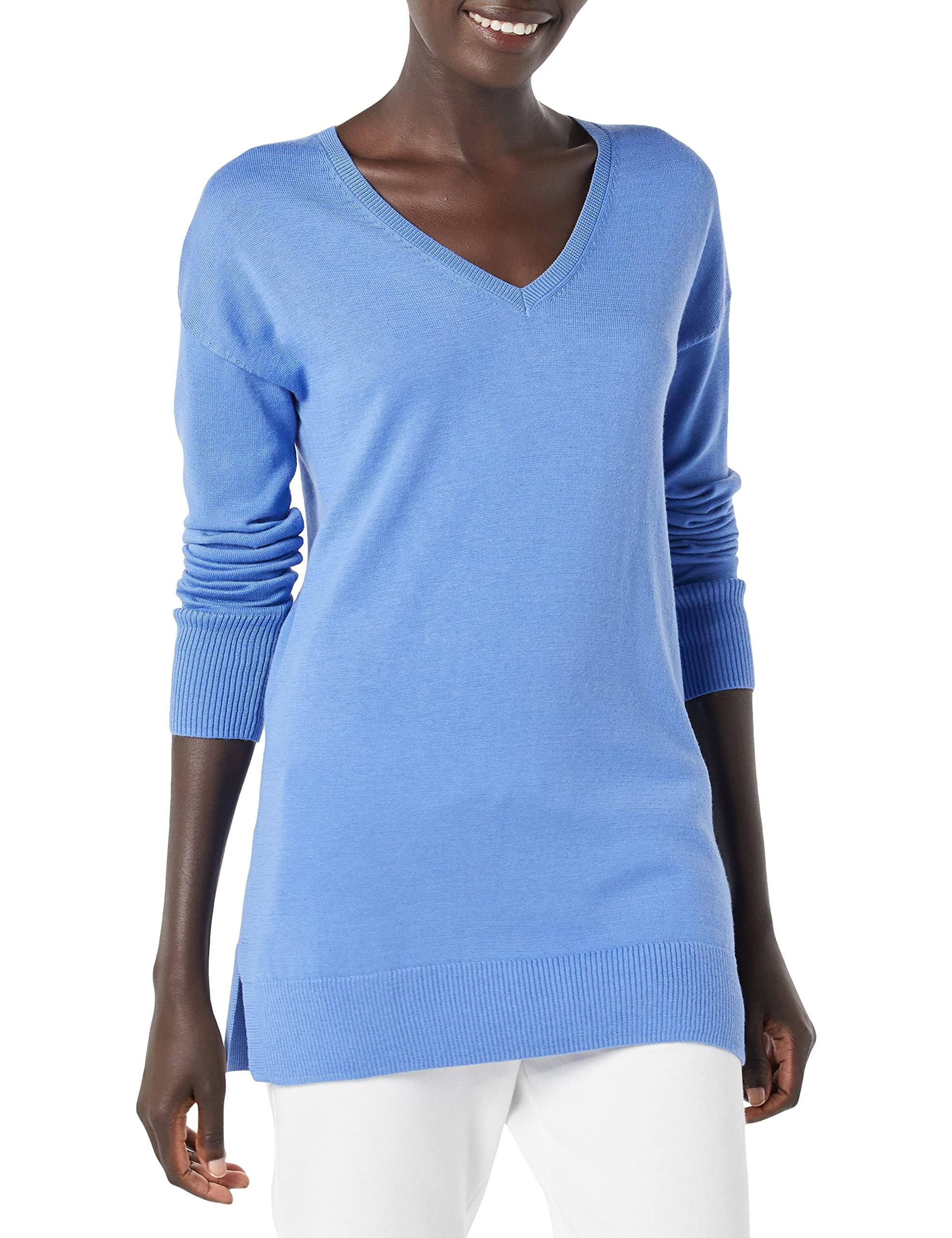 Amazon Essentials Damen Tunika-Pullover Damen Tunika-Pullover mit V-Ausschnitt und Langen Ärmeln, Blau, XXL