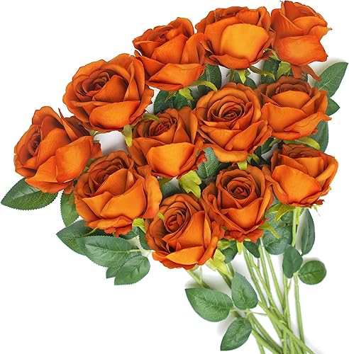 Flores artificiales, 12 unidades, rosas artificiales, rosas falsas de seda realistas con tallo largo para fiestas, oficina, hogar, decoración de