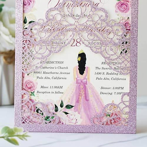 Miniatura 7 de Hosmsua 50 piezas de 5.1 x 7.3 pulgadas en blanco púrpura con purpurina kit de invitaciones de quinceañera corte láser corona floral bolsillo