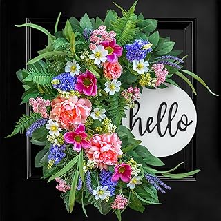 24 Inch Spring Wreath for Front Door with Wooden Welcome Sign, Artificial Peony, Rose, Lavender & Hydrangea Flowers, Spring and Summer Door Wreath for Indoor Outdoor Decor