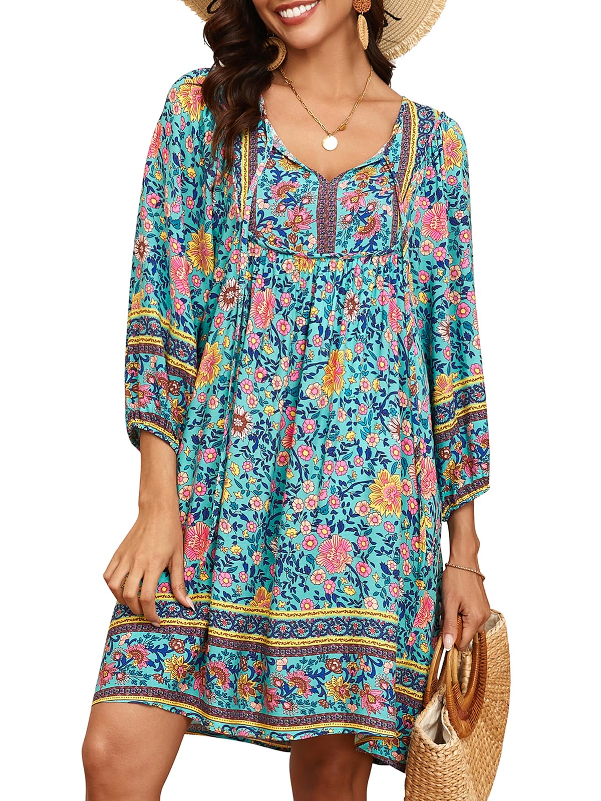 Qearal Women's Casual V Neck 3/4 Sleeve Boho Floral Printed Loose Short Flowy Summer Beach Vacation Dress