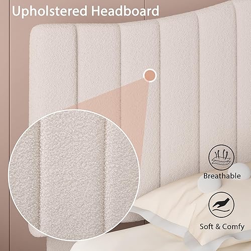 Miniatura 26 de VECELO Base de cama individual tapizada con cabecera de tela de peluche ajustable en altura, listones de madera fuertes que soportan 7.9 pulgadas