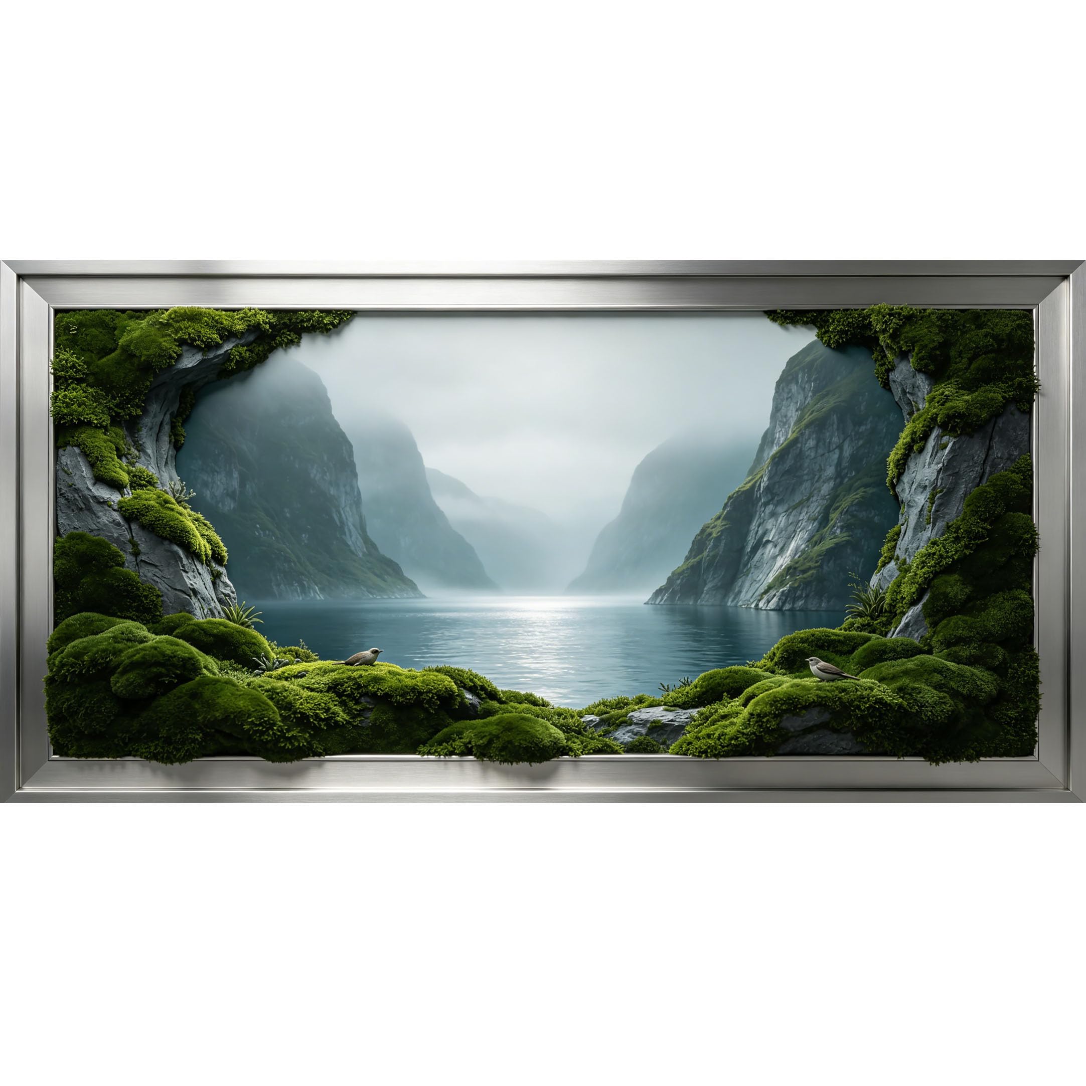 Agglomerix 3D Framed Wall Art Mountain Lake Fjord Landscape Moss Rocks Water Reflection Large Size Self-Adhesive Removable Wall Decor Prints Artwork for Living Room Bedroom Office