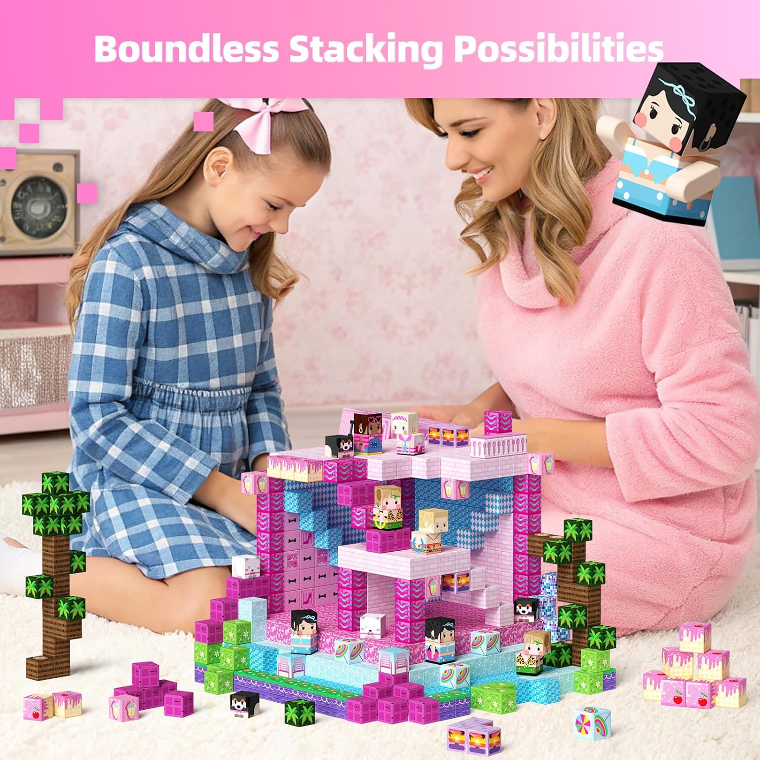 GobiDex 100PCS Magnetic Blocks Princess Building Toys for Girls 3+, Magnet Pink Castle STEM Sensory Playsets for Toddler Kids Birthday Gifts