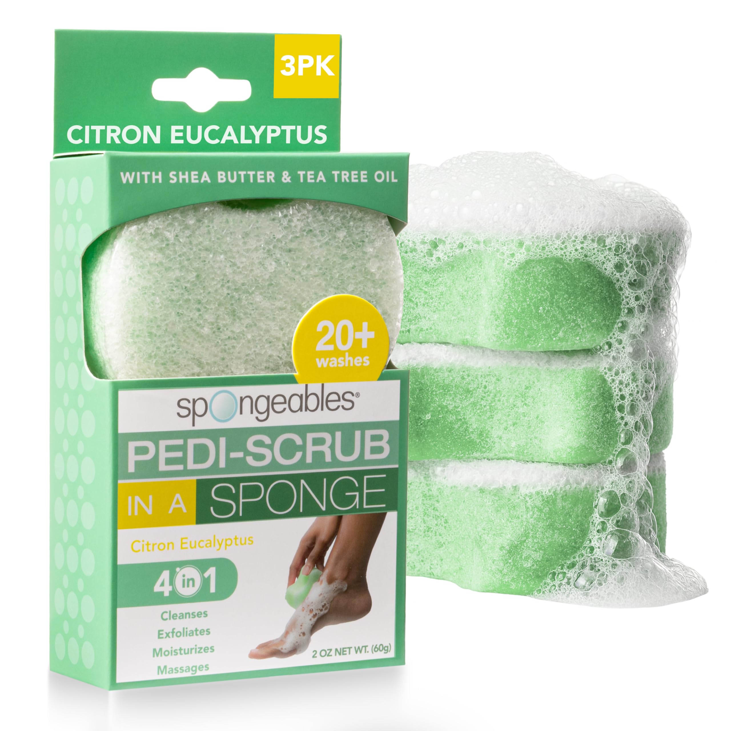 Pedi Scrub Foot Exfoliating 20+ Wash Sponge, Citron Eucalyptus, 3 Count