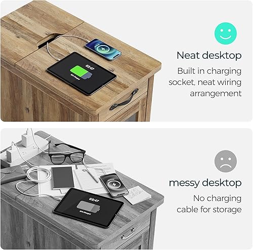 Miniatura 5 de LINSY HOME Mesa auxiliar de granja con estación de carga, mesa auxiliar estrecha para sala de estar, mesa auxiliar de sofá con cajón y armario de