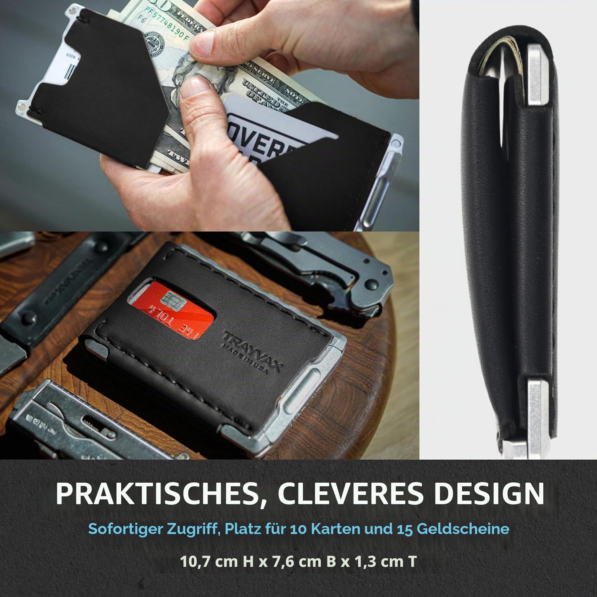 Trayvax Venture Billfold Wallet Fronttasche Geld und Kreditkartenetui Minimalistische Slim Leder Metall Geldbörse für Damen und Herren, Nightfall Schwarz, Compact, Slim, Billfold