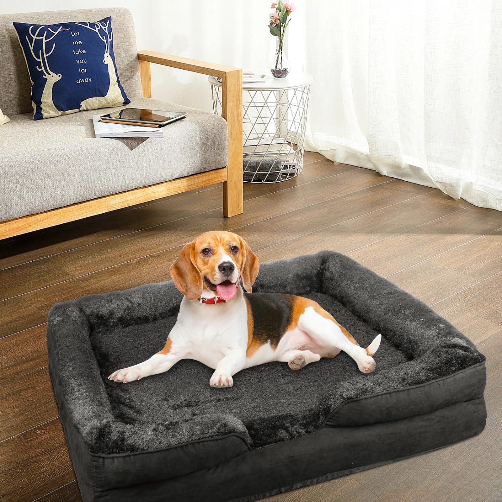 Cesta de perro de gran tamaño, cojín desenfundable, cama para perro, funda extraíble y lavable a máquina, fondo antideslizante, 106 x 80 x 20 cm (Negro)