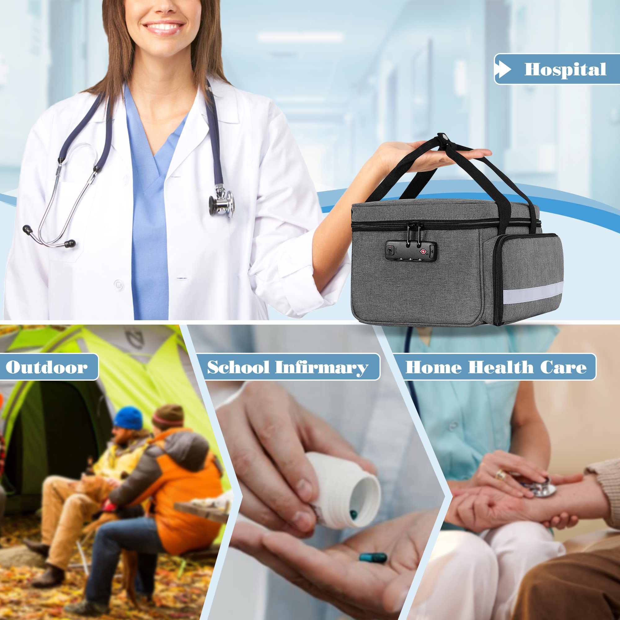CURMIO Botiquin de Primeros Auxilios, Bolsa de Almacenamiento de Medicamentos con Cerradura, Bolsa Médica de Emergencia para el Viaje y Hogar, SÓLO Bolsa, Gris (Diseño Patentado)