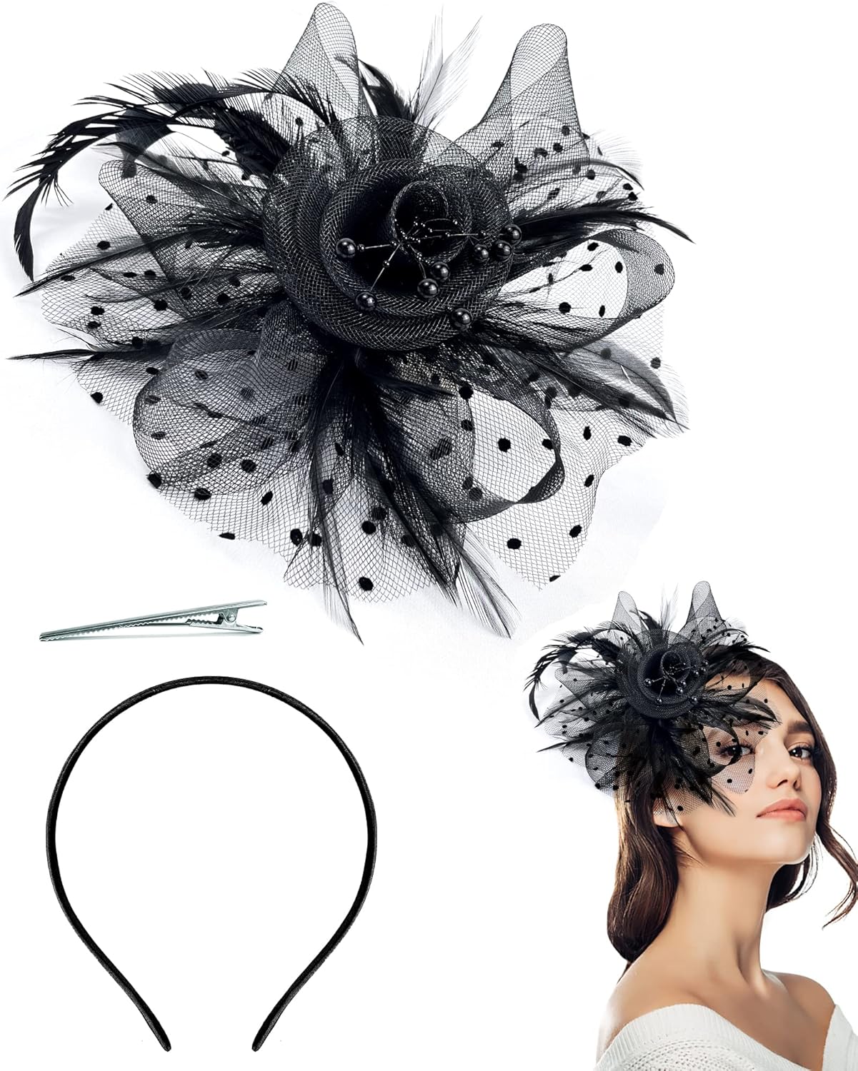 Fascinator Tea Party Hat Women 20s 50s Wedding Cocktail Flower Mesh Feathers Hair Clip for Carnival Halloween - Image 8