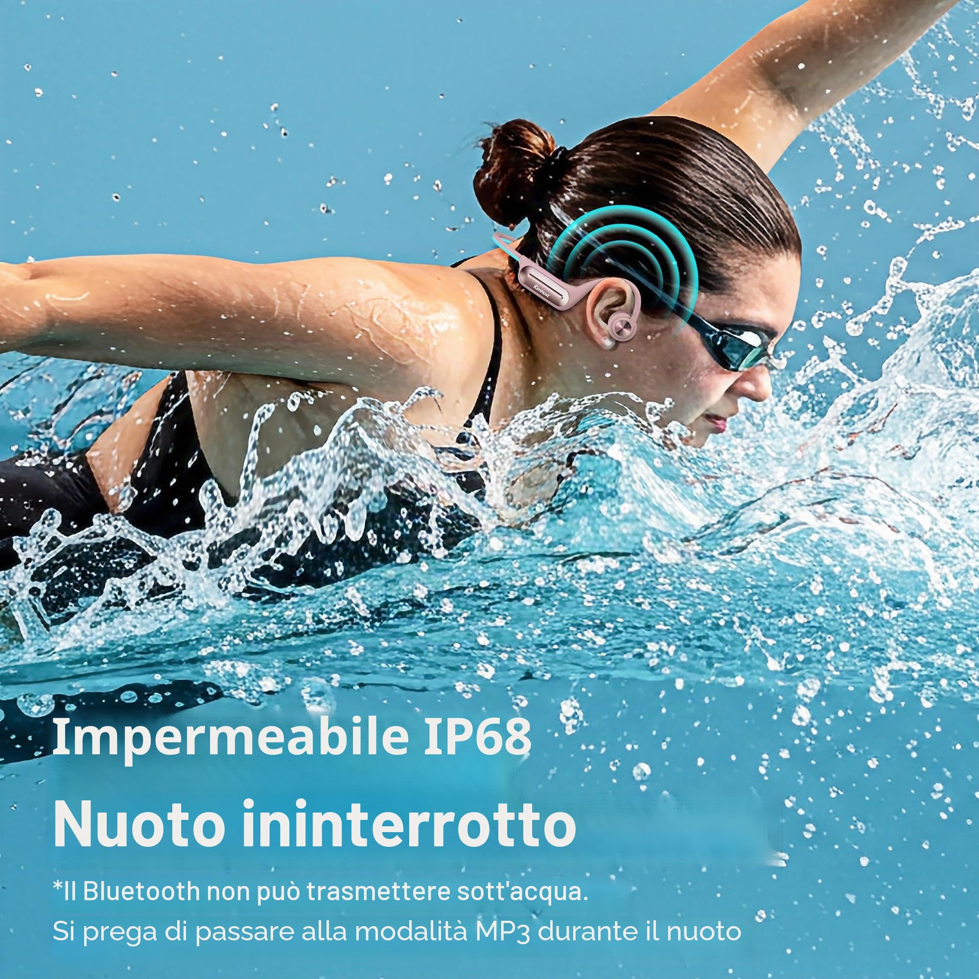 Cuffia Conduzione Ossea per Nuoto, Auricolare Open Ear Bluetooth 5.3 IP68 Impermeabile, Memoria MP3 32G, per Sport, Nuoto, Ciclismo, Corsa (Rosa)