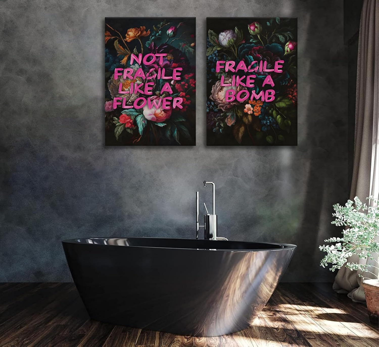 2Pcs Moody Vintage Floral Canvas Wall Art Dark Academy Feminism Quotes Dark Flowers Botanical Painting Picture Wall Decor Poster Print Artwork for Woman Bedroom Apartment Home Decoration