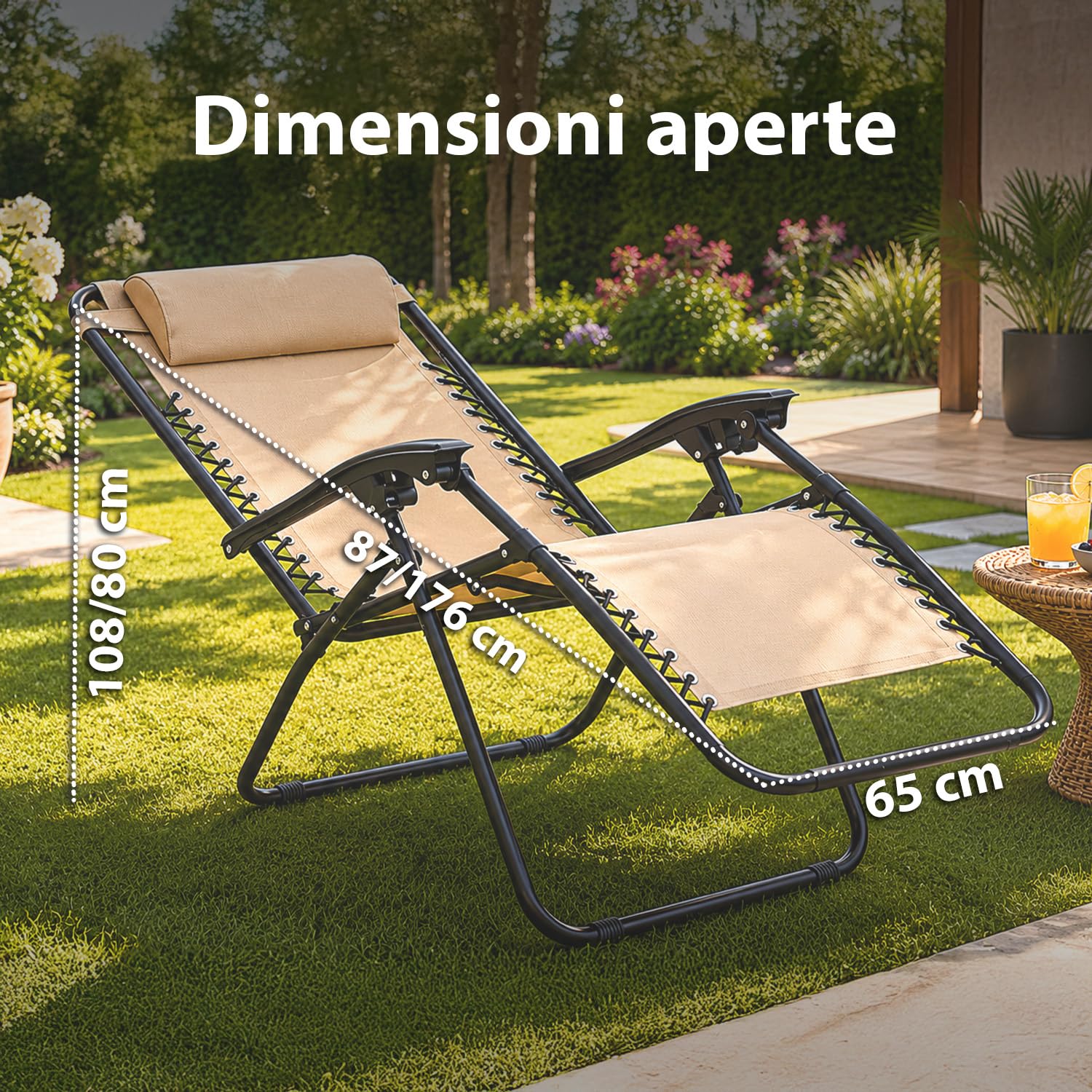Avilia - Sedia da Giardino Pieghevole con Vassoio Laterale Portabevande – Ferro, Seduta Teslin, 120 kg | Sedia Giardino Pieghevole Reclinabile, L65×P87/176×A108/80 cm, Facile da Pulire