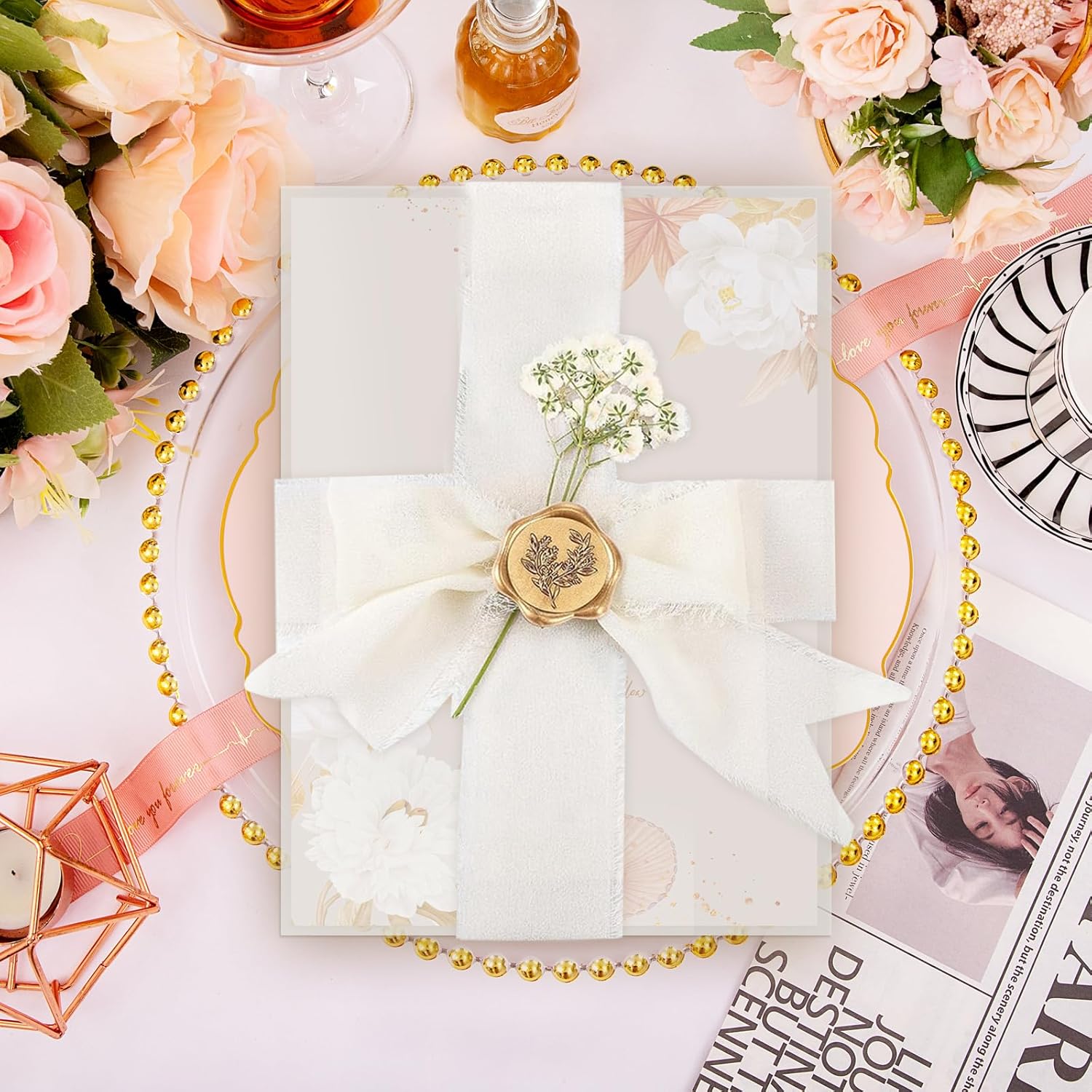 Wedding Invitation Accessories Kit, Pre-Folded Vellum Jackets for 5×7 Invitations with Wax Seal Stickers, Ribbon & Dried Flowers, Elegant Wedding Invitation Accessories for DIY Bridal Invites (Off-White, 100)