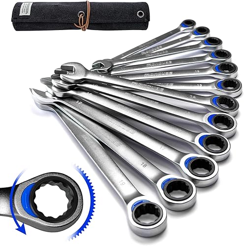 Juego de llaves de trinquete, 12 llaves combinadas métricas de trinquete de 0.315-0.748 in, plata de reputación, con bolsa de almacenamiento de lona
