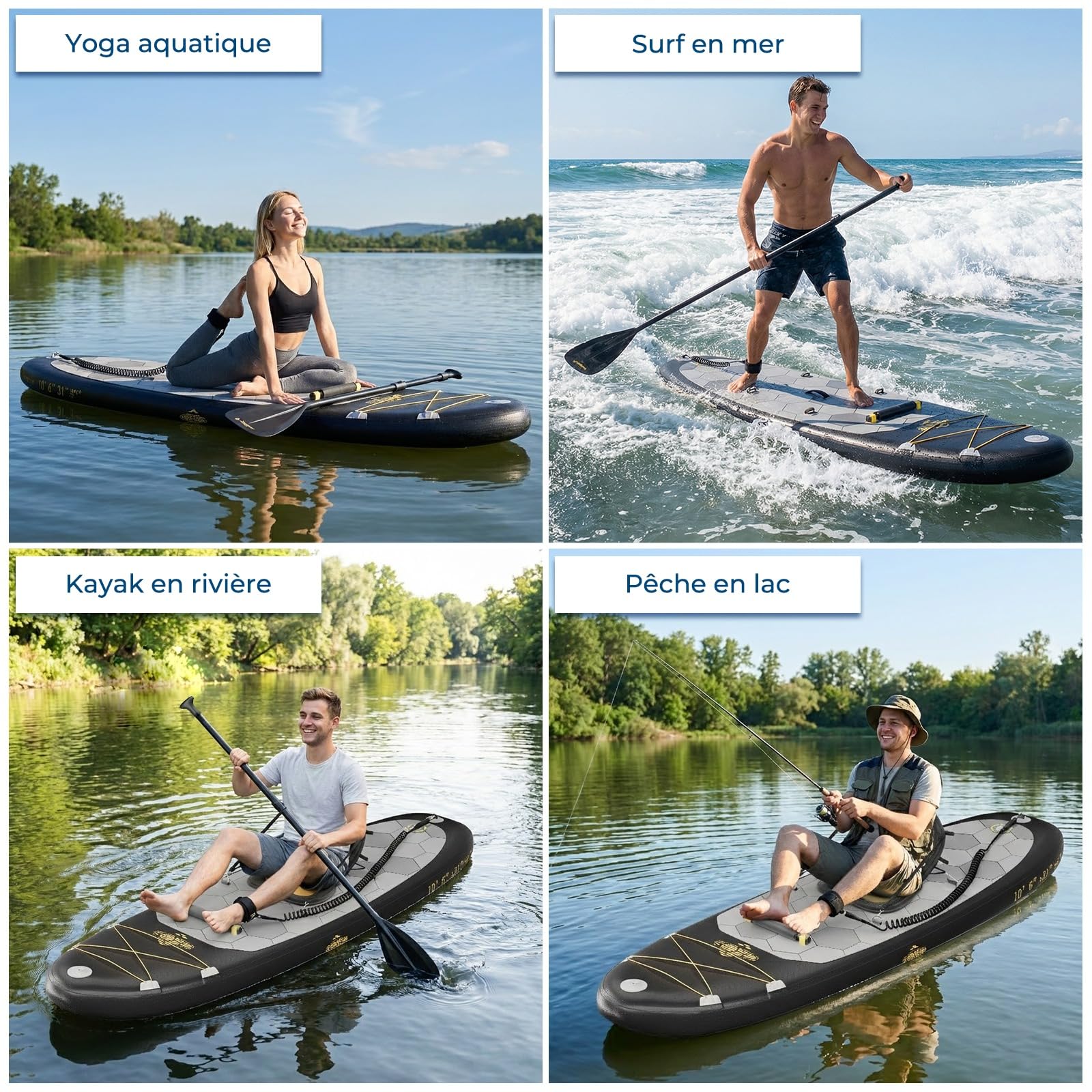 Devoko Planche de Paddle Gonflable Adulte 320cm, Sup Gonflable 2-en-1 avec Siège & Accessoires, 130kg Charge Max - Idéal pour Surf, Pêche, Yoga