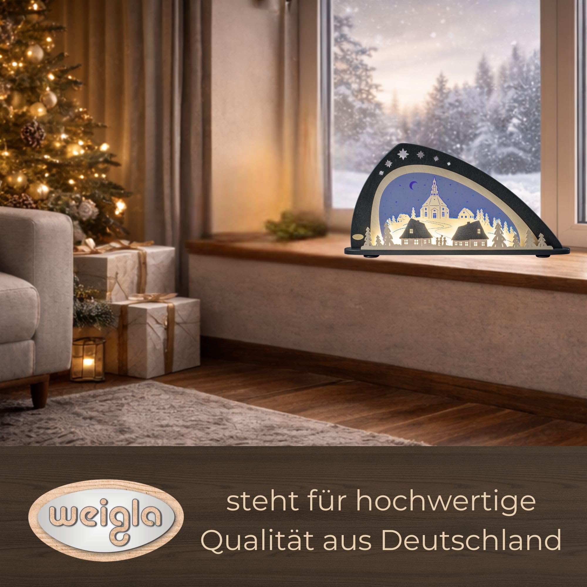 weigla - Schwibbogen original Erzgebirge I Motiv Seiffen I LED-Lichterbogen Weihnachten I Größe 66 x 33,8 x 6 cm I Inklusive Beleuchtung I beleuchtete Weihnachtsdeko innen I aus Holz