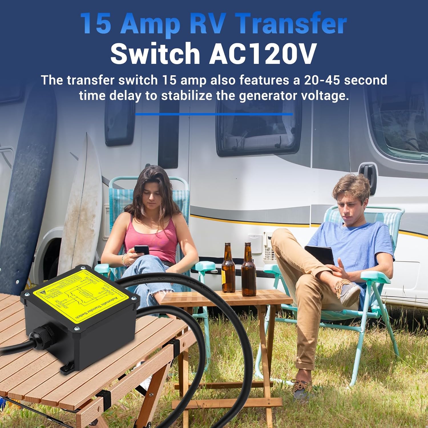 15 Amp Transfer Switch, Dual Power Automatic Transfer Switch, Relay ATS for RV Home Generator Inverter