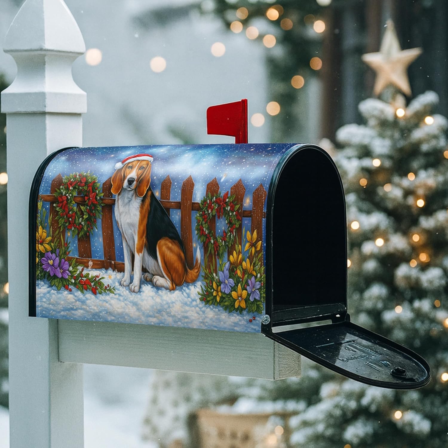 Beagle Magnetic Mailbox Covers, Christmas Festive Snow Wreath Xmas Brown Mailbox Post Cover for Outdoor Decorations 18x21 Inch