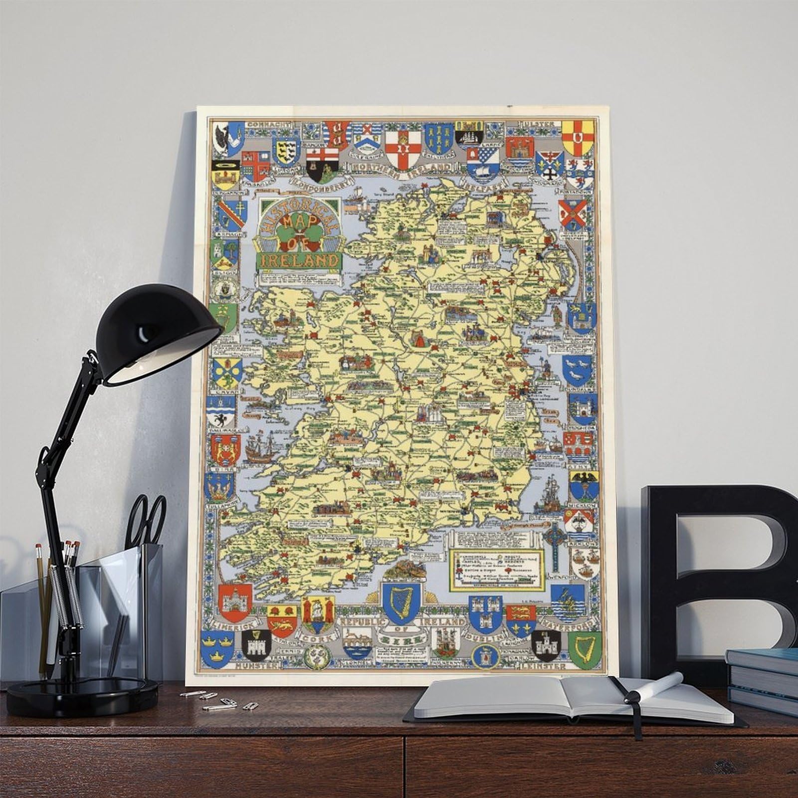 Mapa histórico de la historia de Irlanda, póster artístico de mapa irlandés y arte de pared, marco moderno para decoración de dormitorio familiar, 30 x 45 cm
