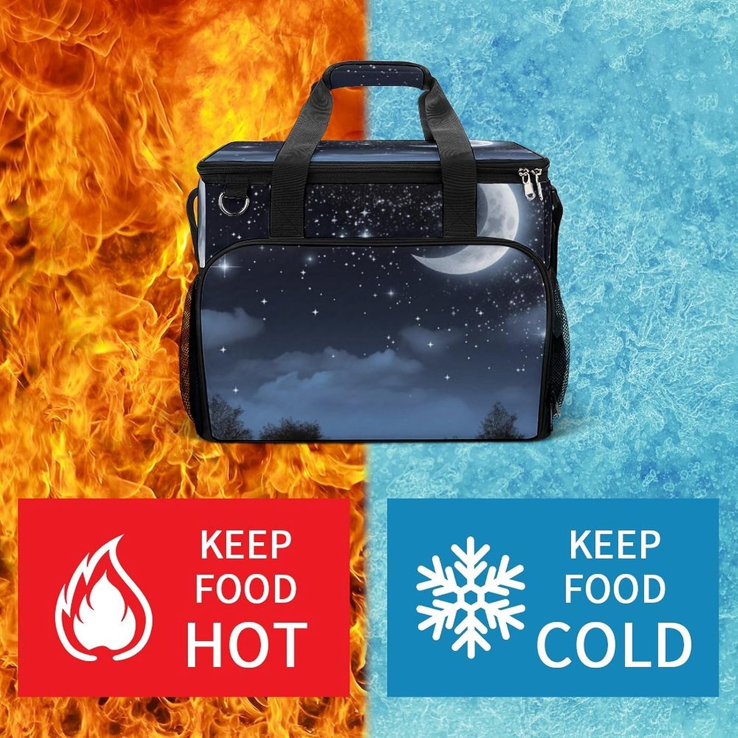 Large Capacity Oxford Cloth Nightsky Hanging Moon Printed Camping Ice Bag, Outdoor Portable Insulation and Cooling Bag, Suitable for Outdoor Camping and Picnics