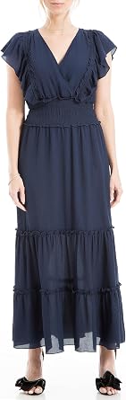 Max Studio Womens Crepe Flutter Sleeve Smocked Maxi Dress
