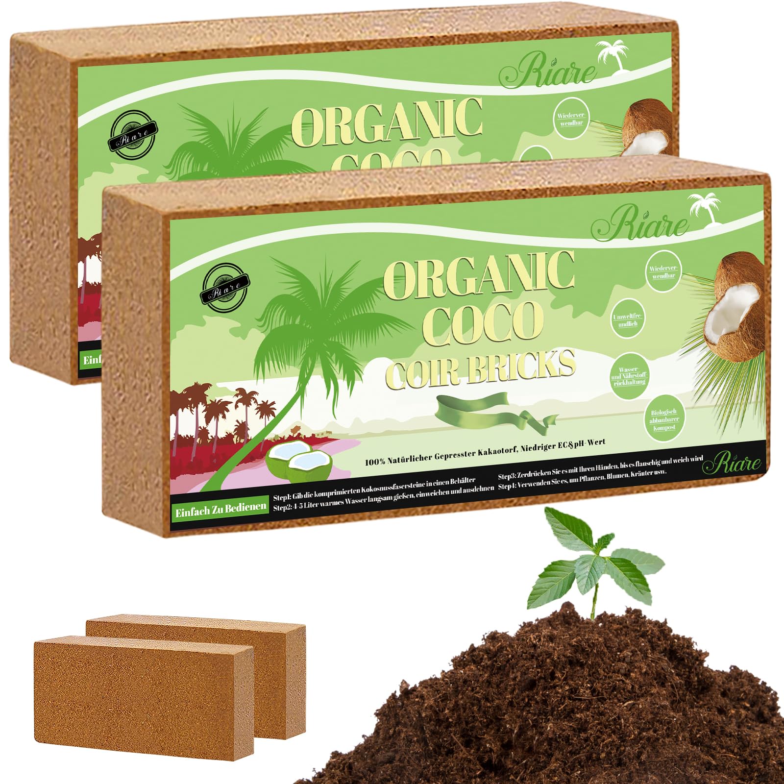 Riare 2 x 650 g di mattoni di cocco organici, 100% naturale, 16 l, substrato in fibra di cocco ad alta espansione, nocciolo di cocco per giardino (2)