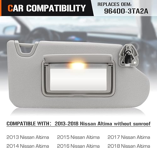 Miniatura 3 de Visera solar con luz de tocador para Nissan Altima 2013-2018 sin techo solar, repuesto para parasol gris del lado derecho del pasajero 96400-3TA2A