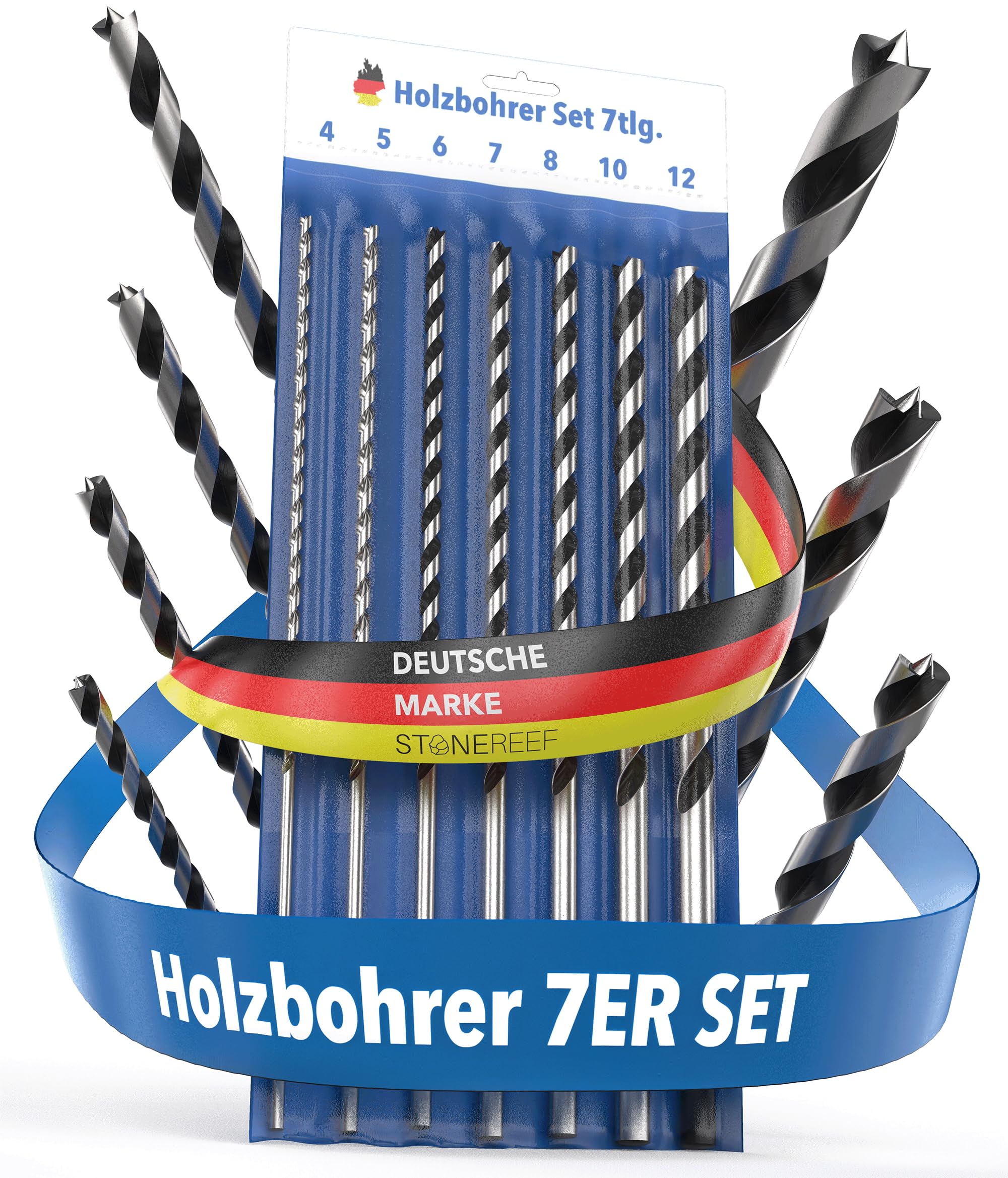 Holzbohrer Set lang Profi - [7-teilig inkl. Tasche] - Schlangenbohrer Ø 4mm, 5mm, 6mm, 7mm, 8mm, 10mm, 12mm x 230mm, lange Schalungsbohrer, Balkenbohrer, langer Holzspiralbohrer, Langbohrer