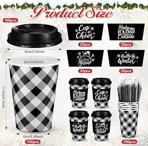 Miniatura 6 de Layhit 100 tazas de café de Navidad a cuadros, vasos de papel desechables con tapas y popotes agitadores para invierno, Navidad, suministros de