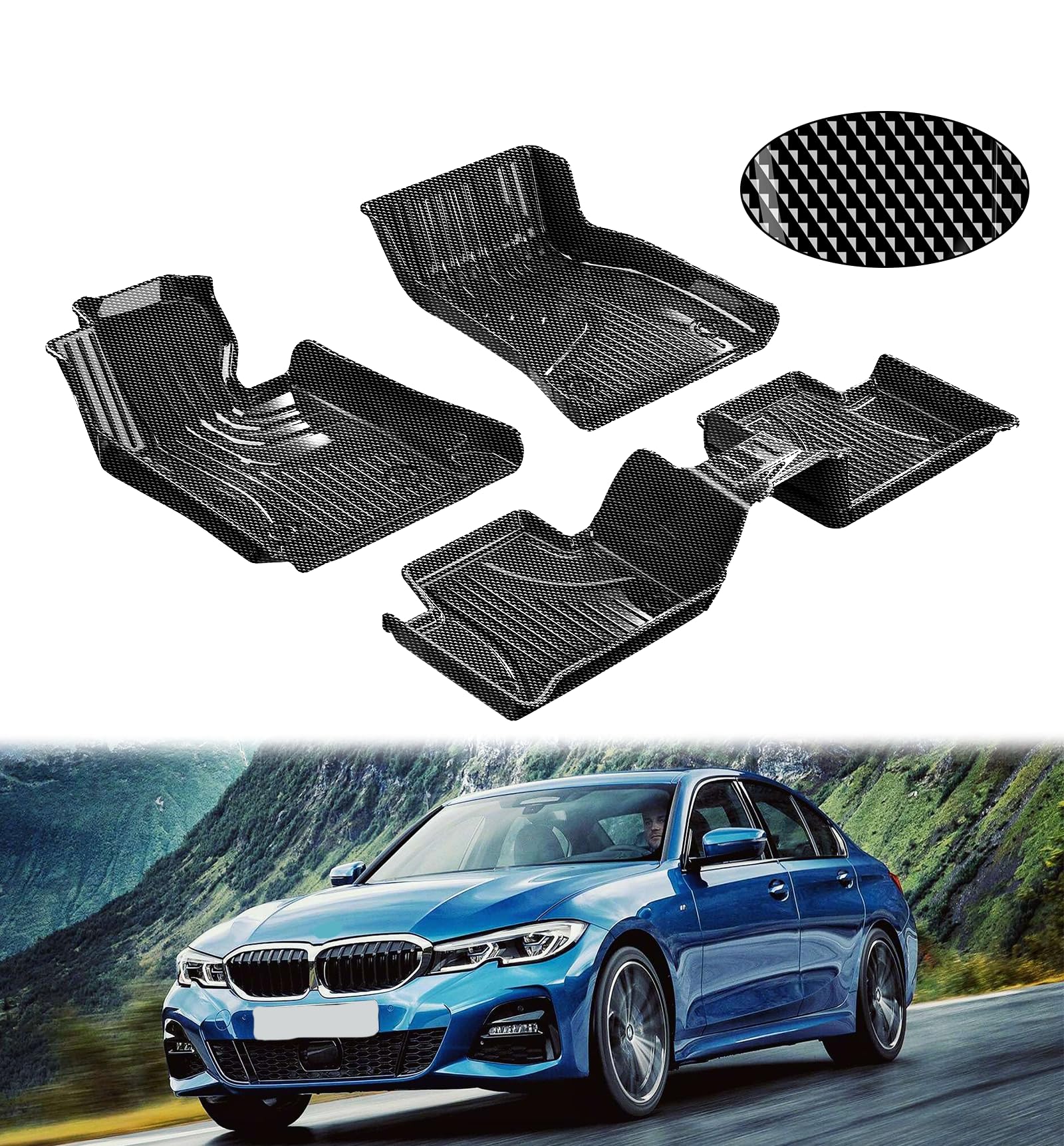 IKABEVEM Carbon Fiber Pattern Floor Mats | for BMW 3 Series (G20) 2019-2025 (NOT for GT/2-Door) | Front & 2nd Row, All Weather, Silver