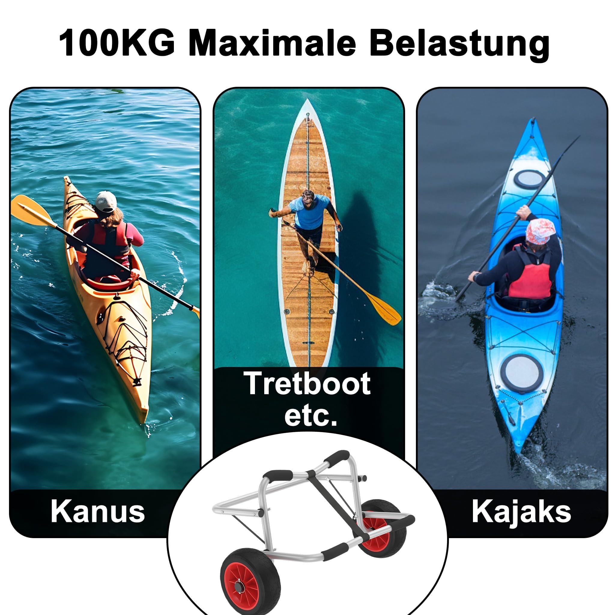 Froadp Kajakwagen Faltbar Kanuwagen Bootswagen mit 3 m Gurtbändern, Aluminiumlegierung Transportwagen für Kajak, Kanu und Boote, bis 100 kg Traglast