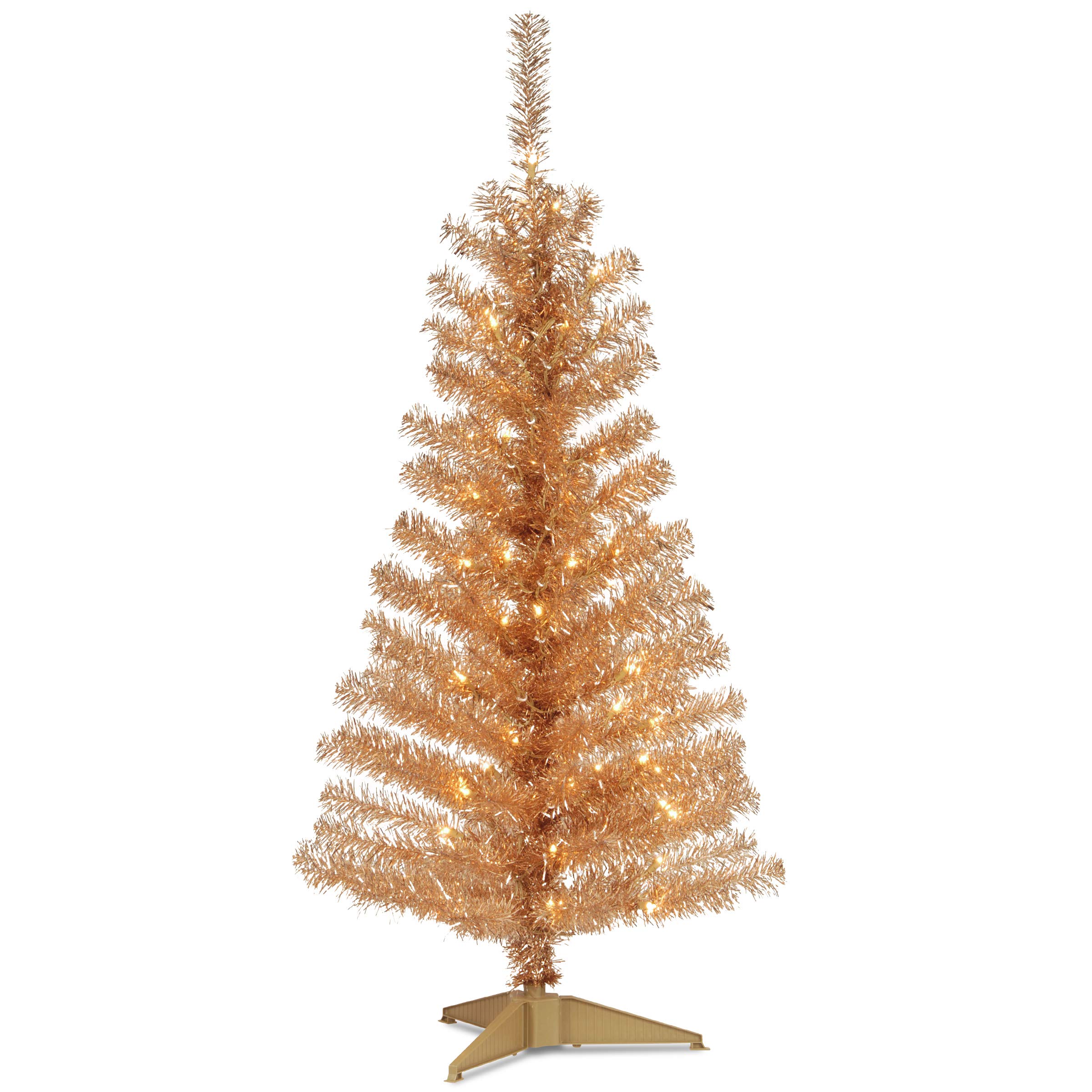 National Tree Company Pre-Lit Artificial Christmas Tree, Champagne Gold Tinsel, White Lights, Includes Stand, 4 feet
