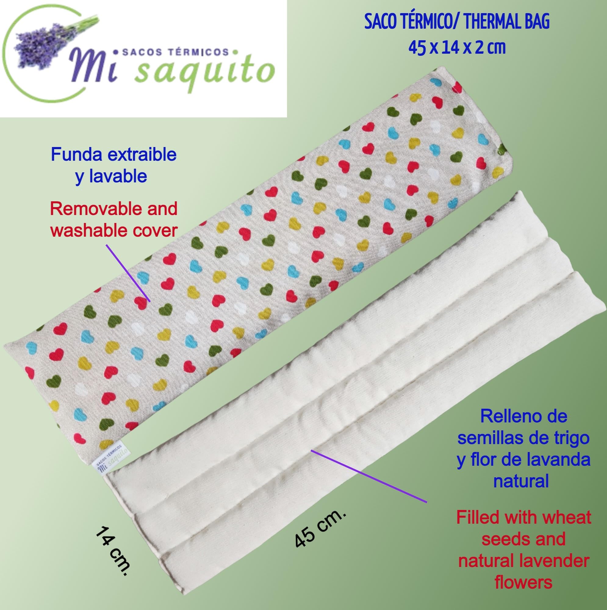 Sacco di semi per microonde 45 x 14 cm con custodia lavabile, sacchetto termico cervicale con lavanda, sacchetto termico e freddo–sacco termico cervicale