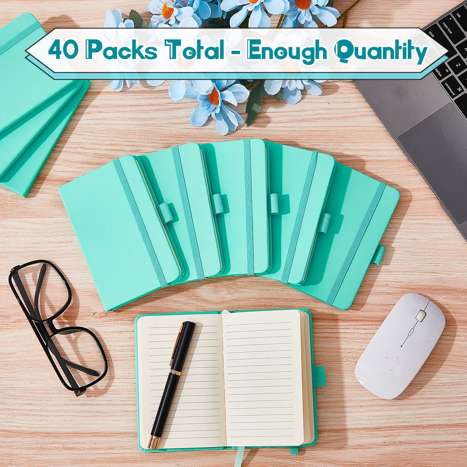 40 quaderni tascabili, formato A6, 8,9 x 14,9 cm, piccoli quaderni in pelle, a righe, con fascia elastica, portapenne, nastri segnalibro (azzurro)