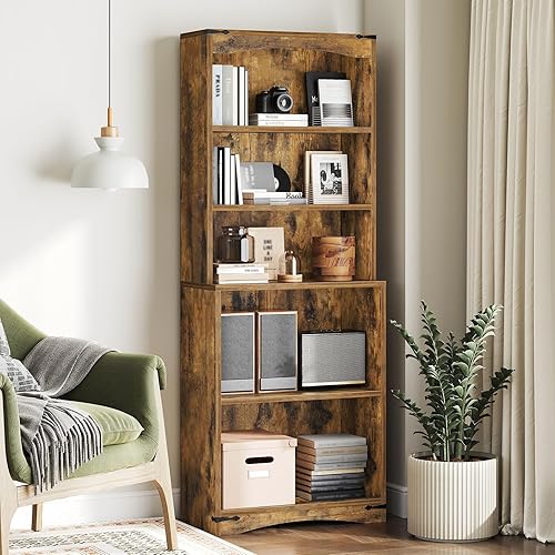 Tall Bookcase and Bookshelf, 6-Tier Bookcase with Storage, 63" Wooden Bookshelf, Farmhouse Freestanding Display Storage Shelves for Home Office, Living Room, Rustic Brown SJ09BR