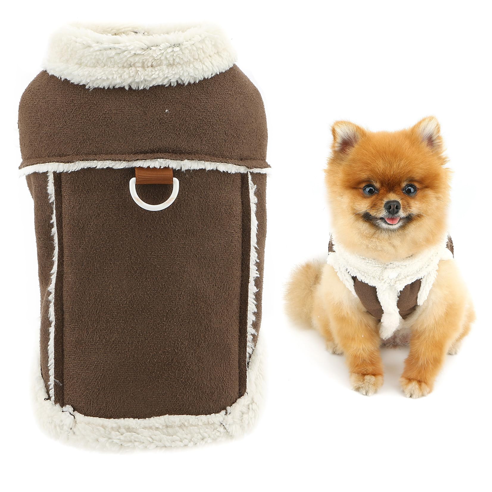 SMALLLEE_LUCKY_STORE Suede Fleece Dog Coat for Small Dogs Soft Harness Jacket with D-Ring Solid Warm Pet Vest Autumn Winter Clothes Fuzzy Collar Puppy Cat Chihuahua Yorkie Outerwear Brown S