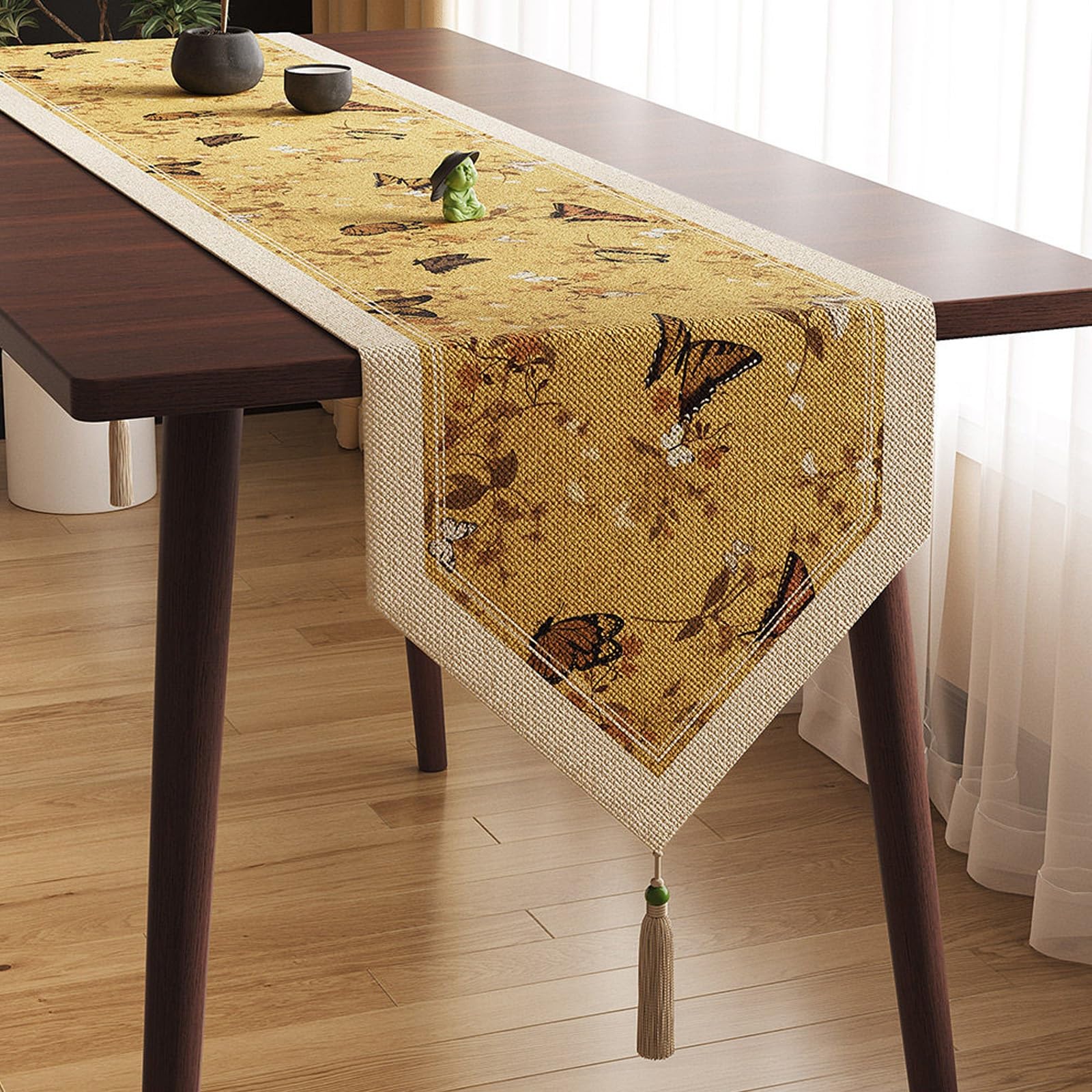Vintage-Style Chinese Cotton-Linen Table Runner, Waterproof Table Runner with Butterfly Print Decoration for Dining, Coffee and Tea Desks(Beige,200cm/78.7in)