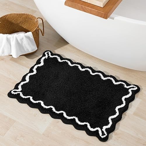 Miniatura 11 de ORTIGIA Alfombras de baño rosas con bordes ondulados, antideslizantes y lavables, tapetes de baño de microfibra suave y absorbente de secado rápido,