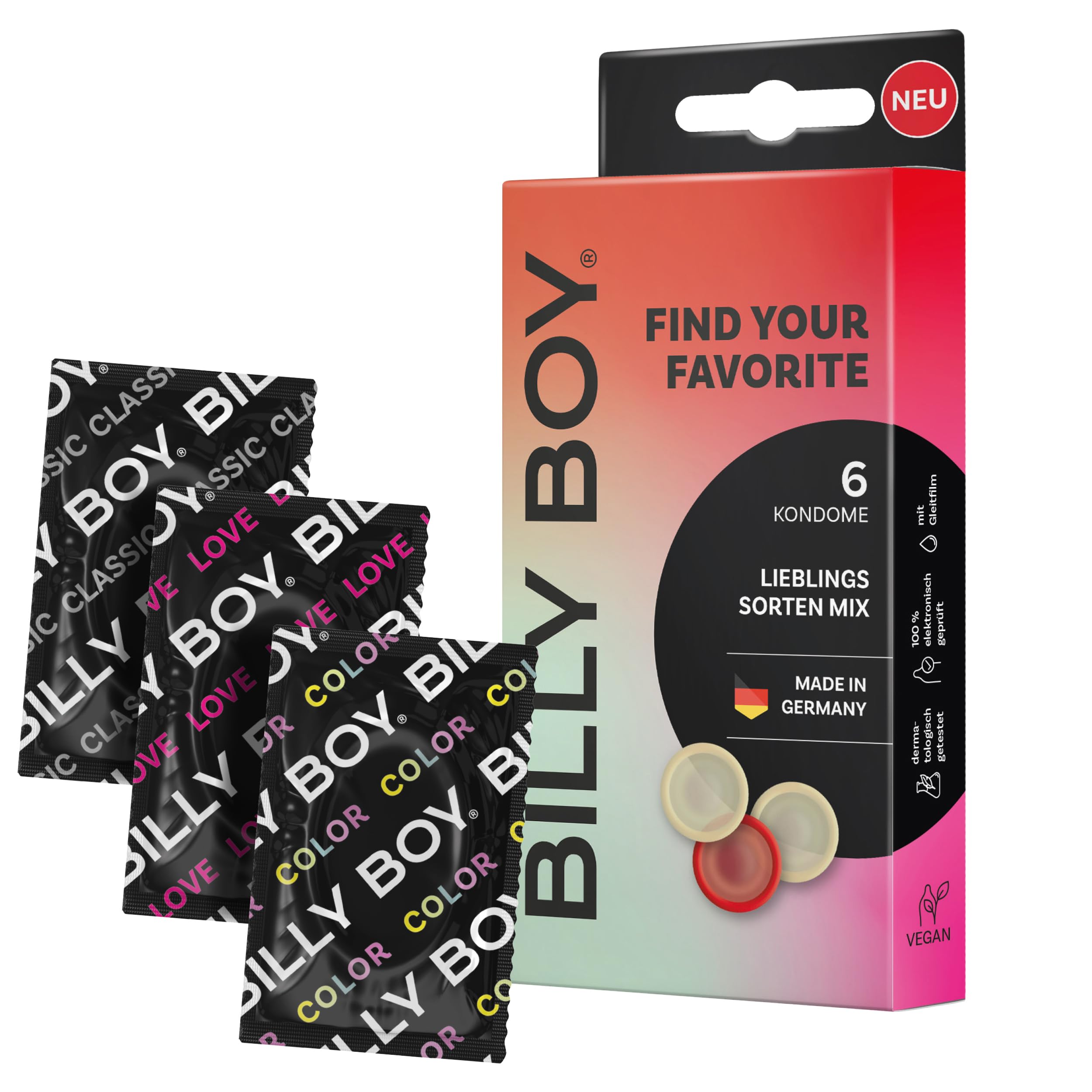 BILLY BOY FIND YOUR FAVORITE Kondome | 6er Mix Pack | 2 x Viel Gefühl, 2 x Länger Lieben, 2 x Bunten Vielfalt | Latexkondome