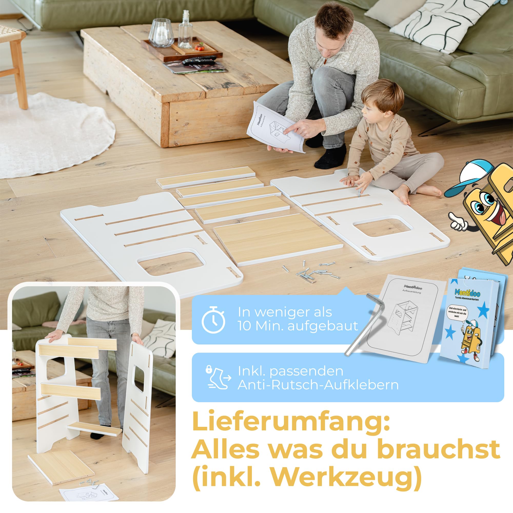 Lernturm für Kinder ab 1 Jahr – Mit Aktivitätskarten für echte Nutzung im Alltag, sicherer Learning Tower mit Wobble Stop Design, 2 Stufen & höhenverstellbar für Küche & Bad | Montessori (Weiß)