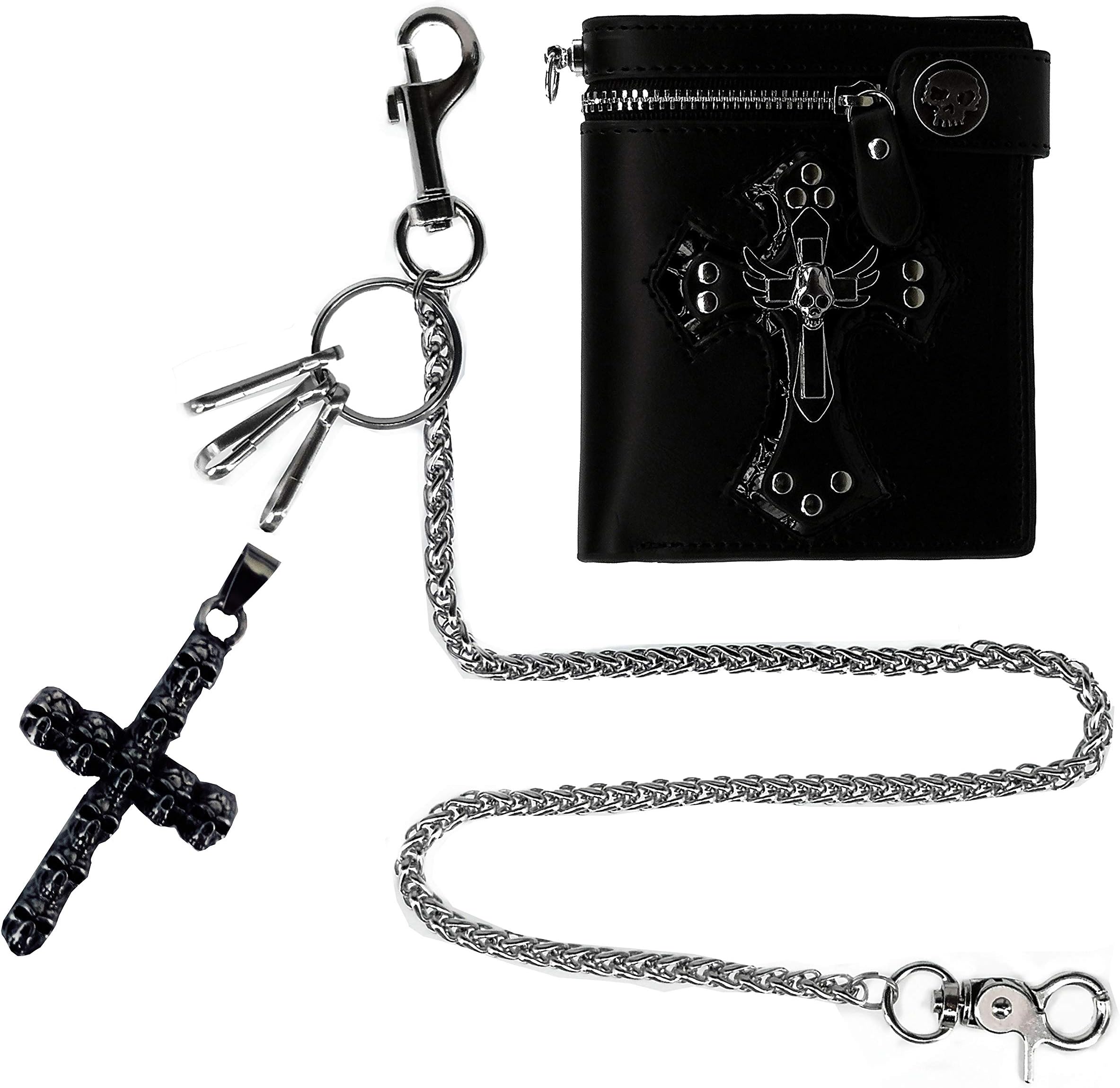 ABC STORY Biker Wallet with Chain Rocker Skull Wallet for Men Leather Bifold Black